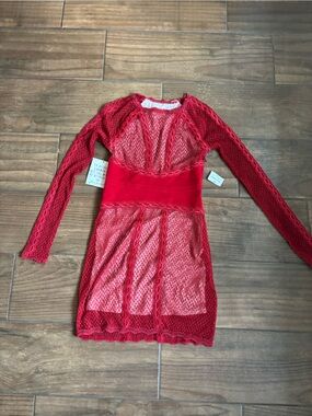 Free People Red Lace Mesh Long Sleeve Mini Dress Size XS/P Sheer Bodycon NWT